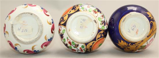 Three Derby porcelain scent bottles and stoppers, early 19th century, 10.5 - 11cm